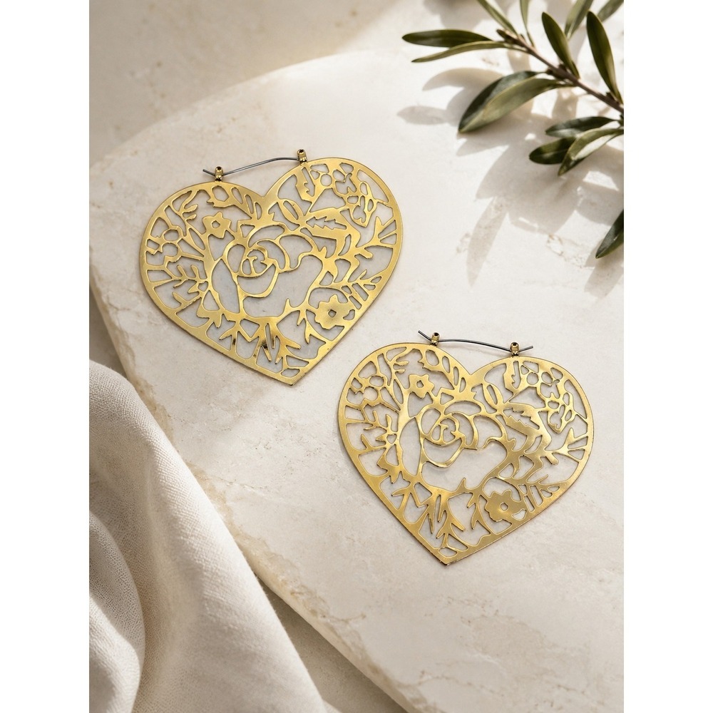 Gold Tone Floral Filigree Heart Hoop Earrings Large Openwork Lightweight